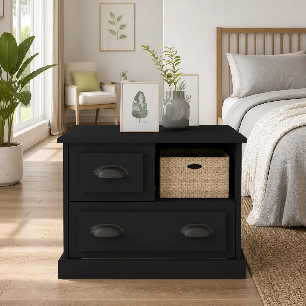 Black Bedside Cabinet with Storage Drawers