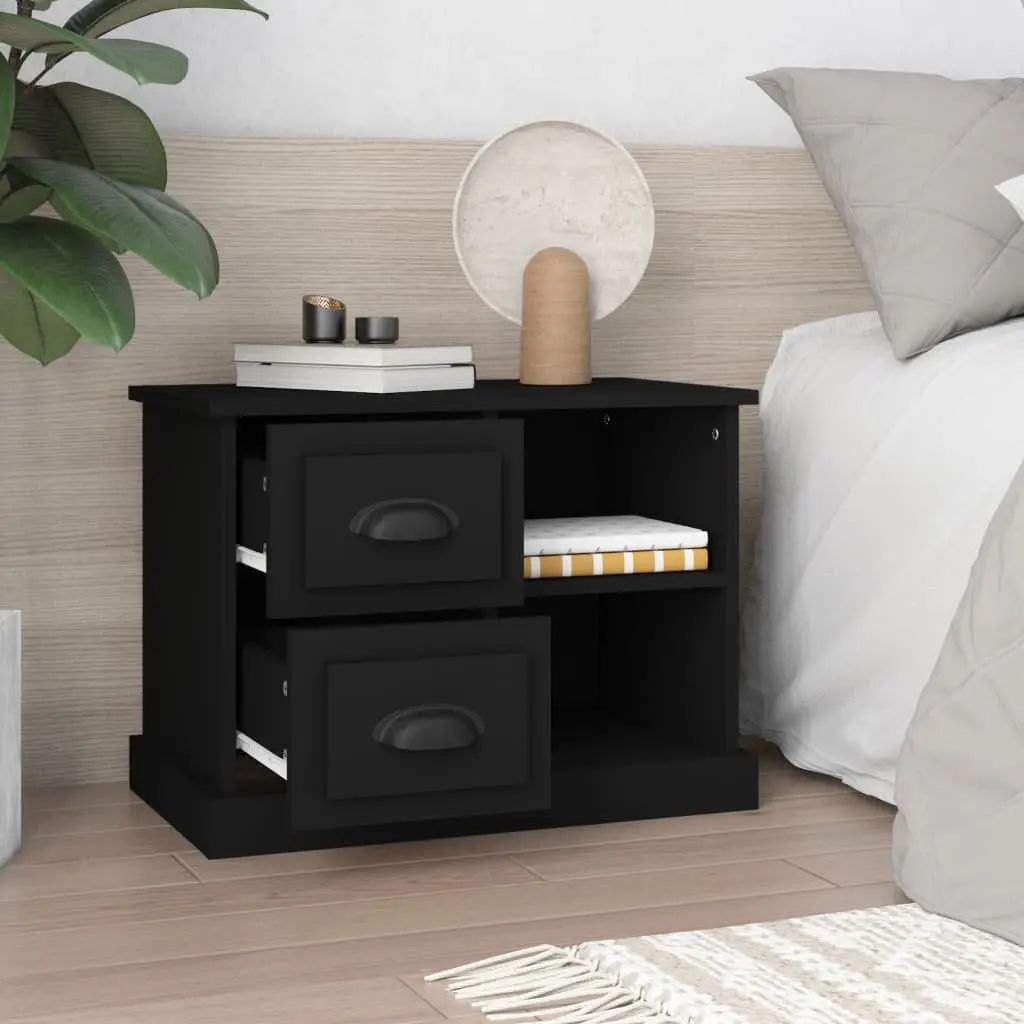 Black Engineered Wood Nightstand Table with Drawers