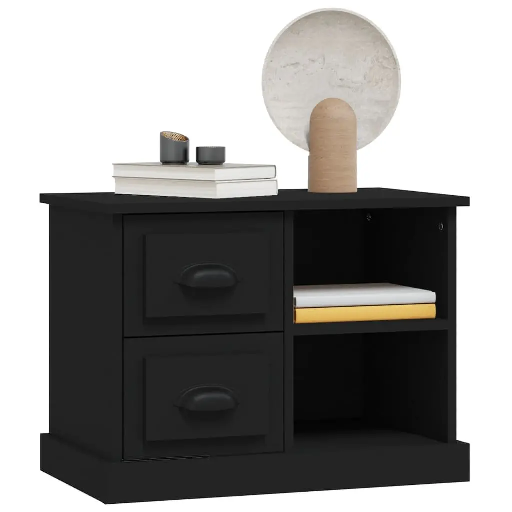 Black Engineered Wood Nightstand Table with Drawers