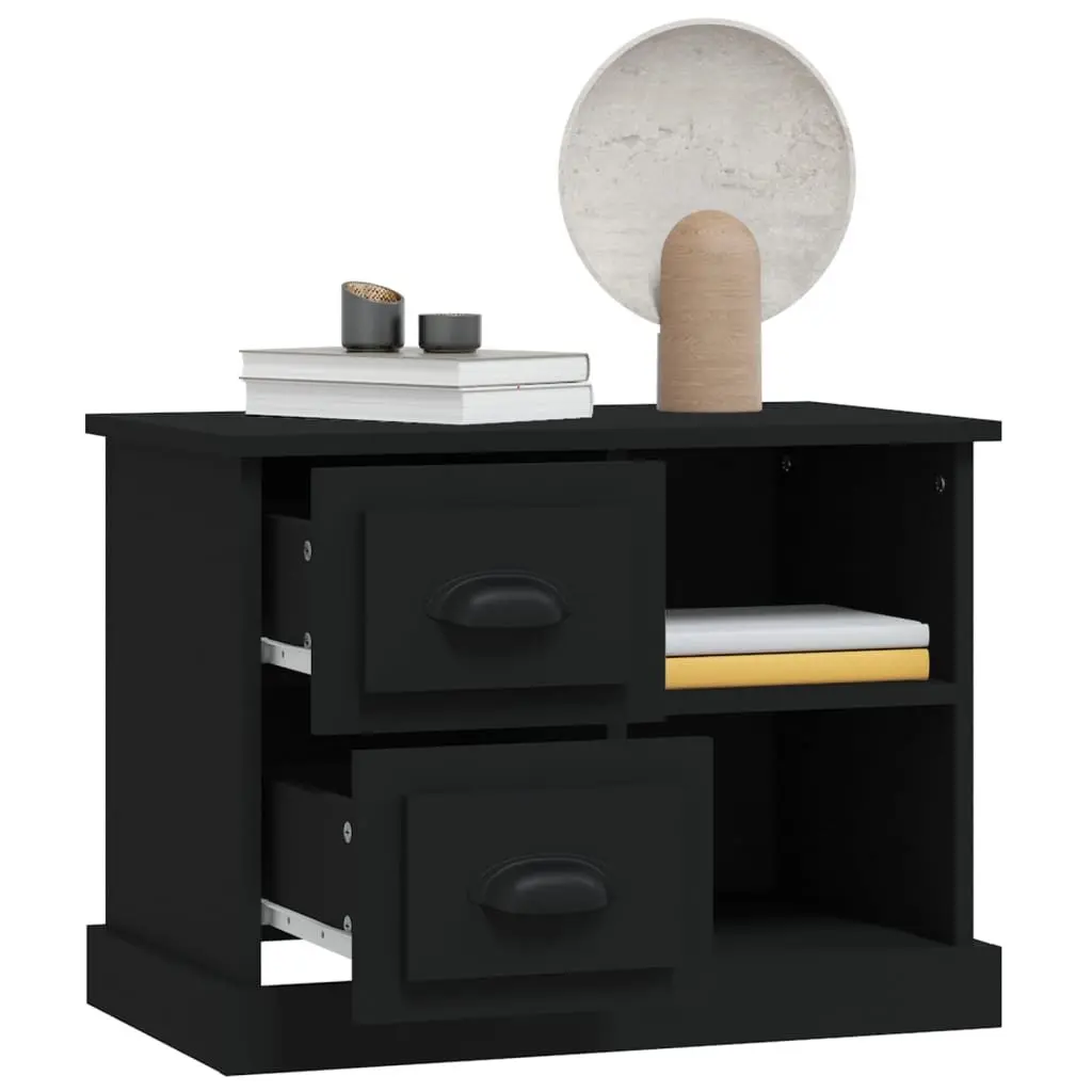 Black Engineered Wood Nightstand Table with Drawers