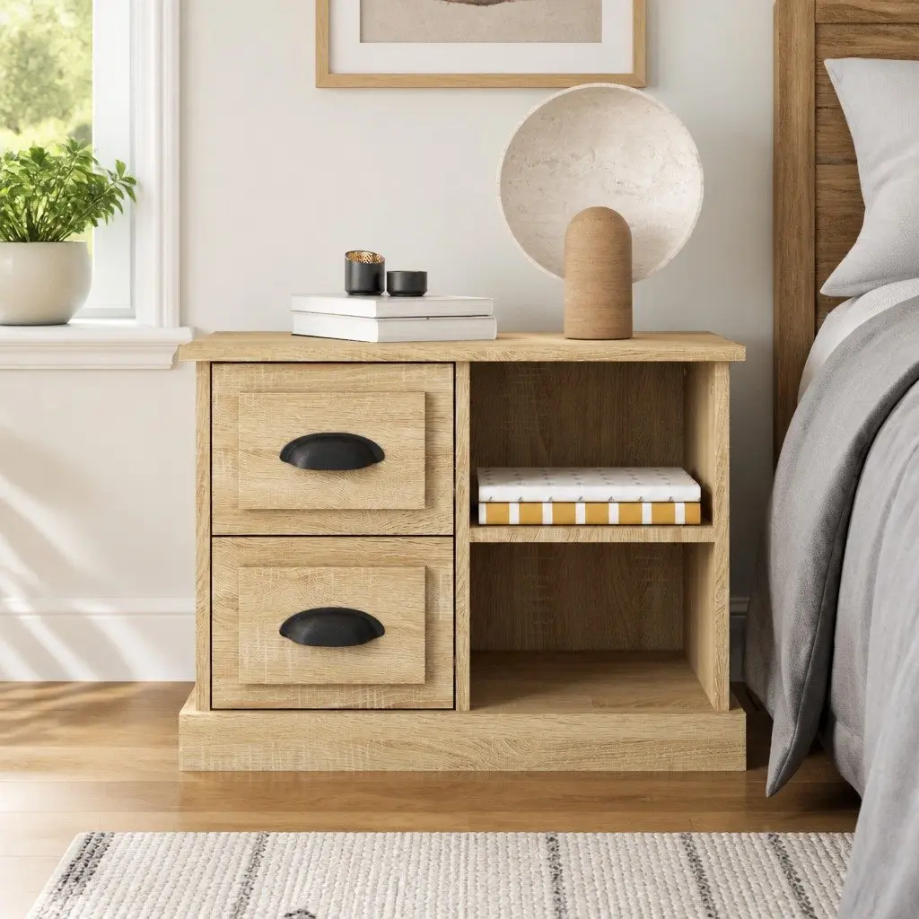Bedside Cabinet Engineered Wood Brown 60 x 35.5 x 45 cm with 2 Drawers and 2 Compartments