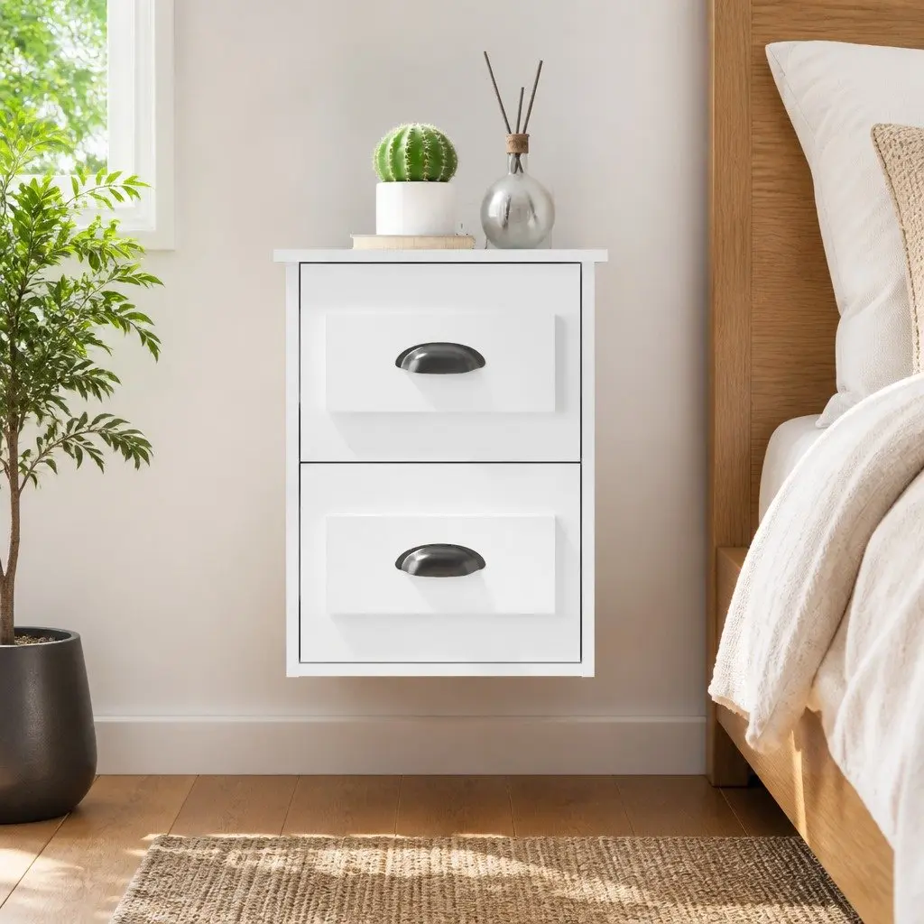 Floating White Bedside Cabinet with 2 Drawer Storage