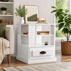 High Gloss White End Table with Storage for Living Room