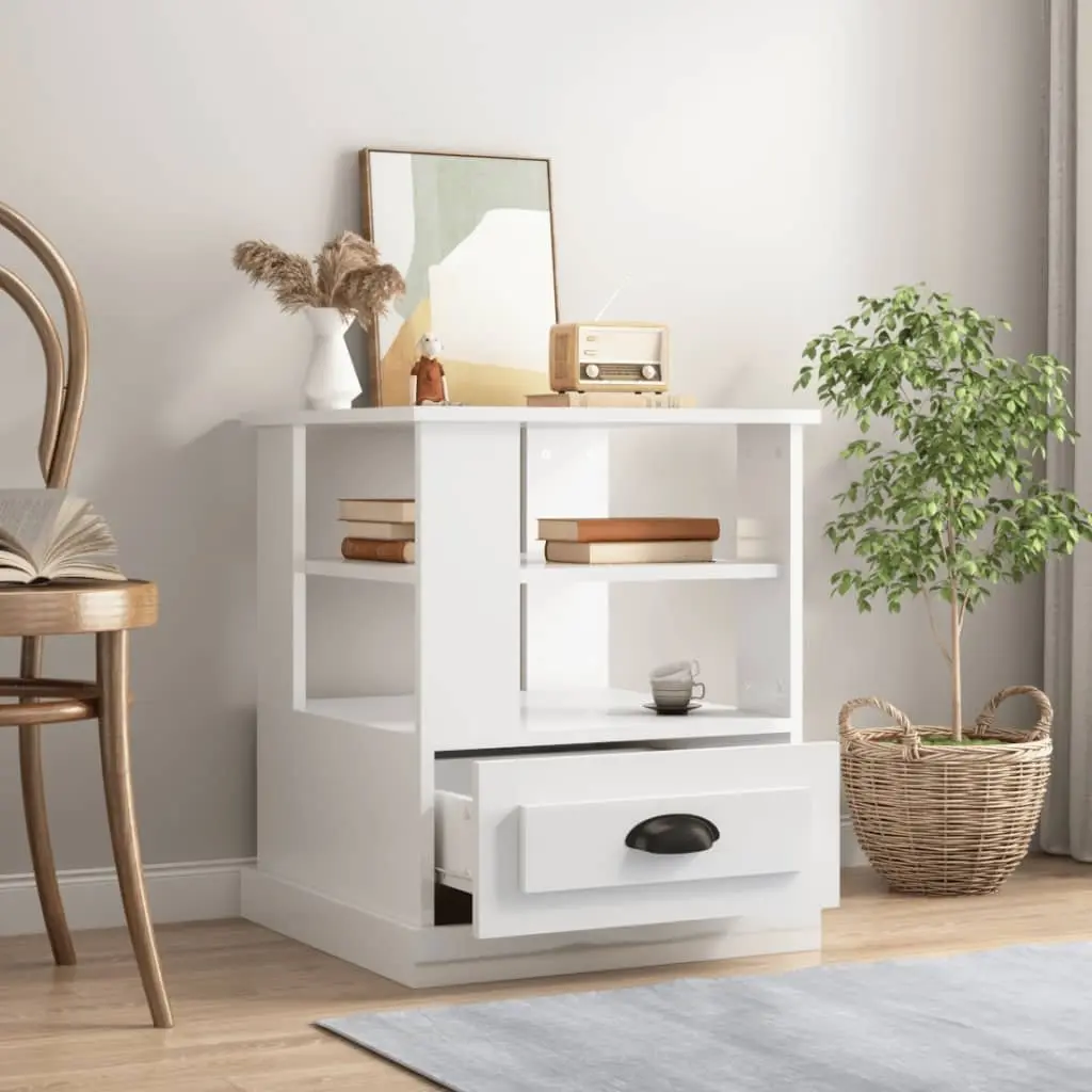High Gloss White End Table with Storage for Living Room