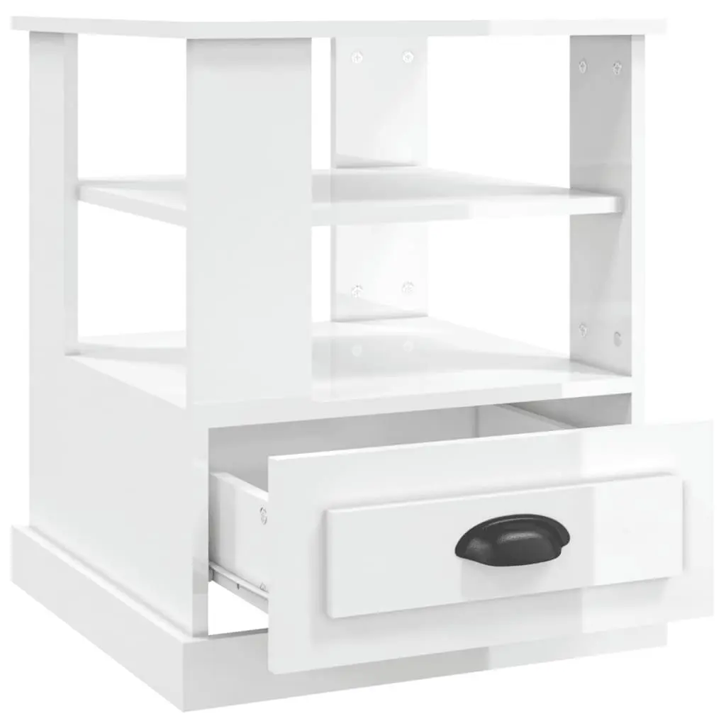 High Gloss White End Table with Storage for Living Room