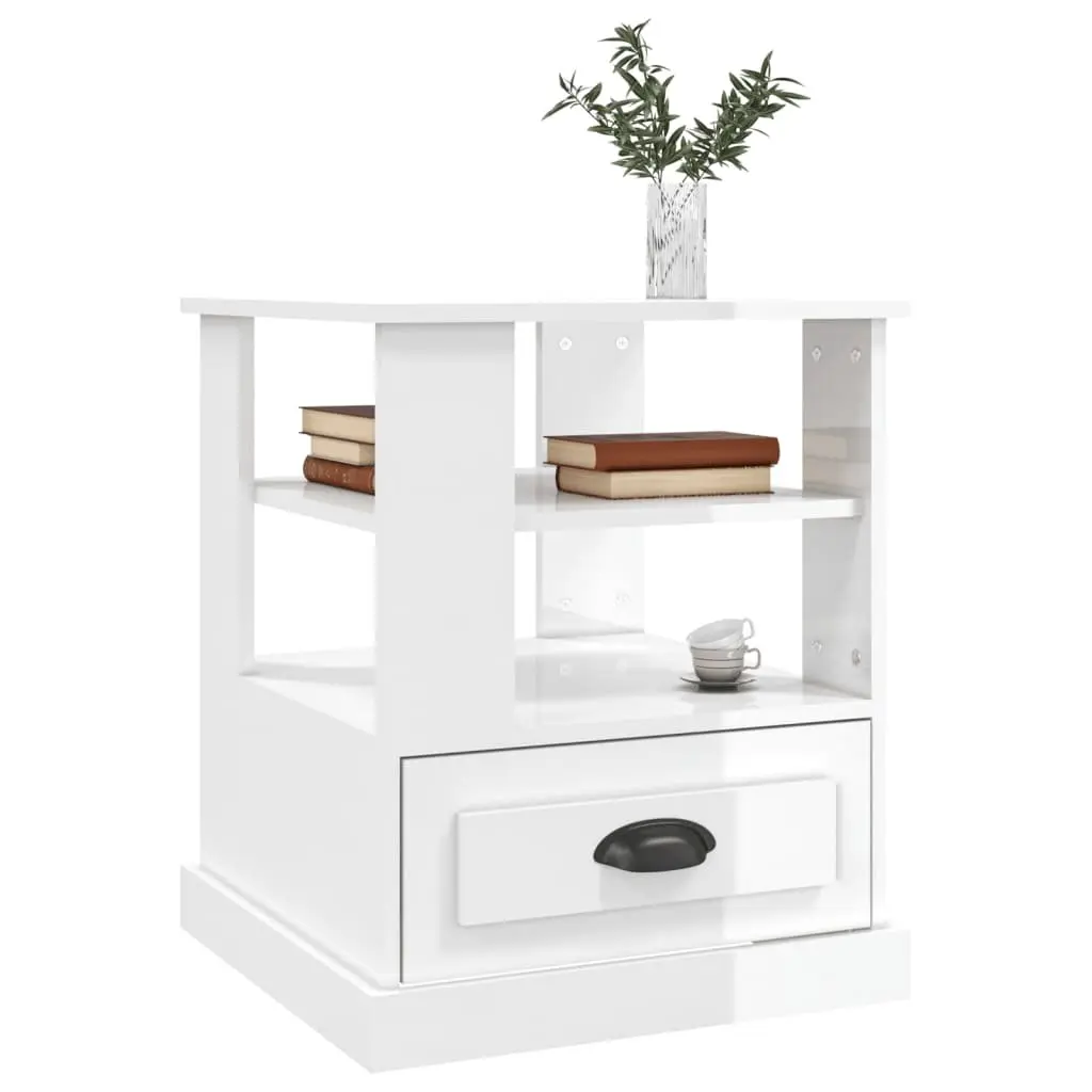 High Gloss White End Table with Storage for Living Room