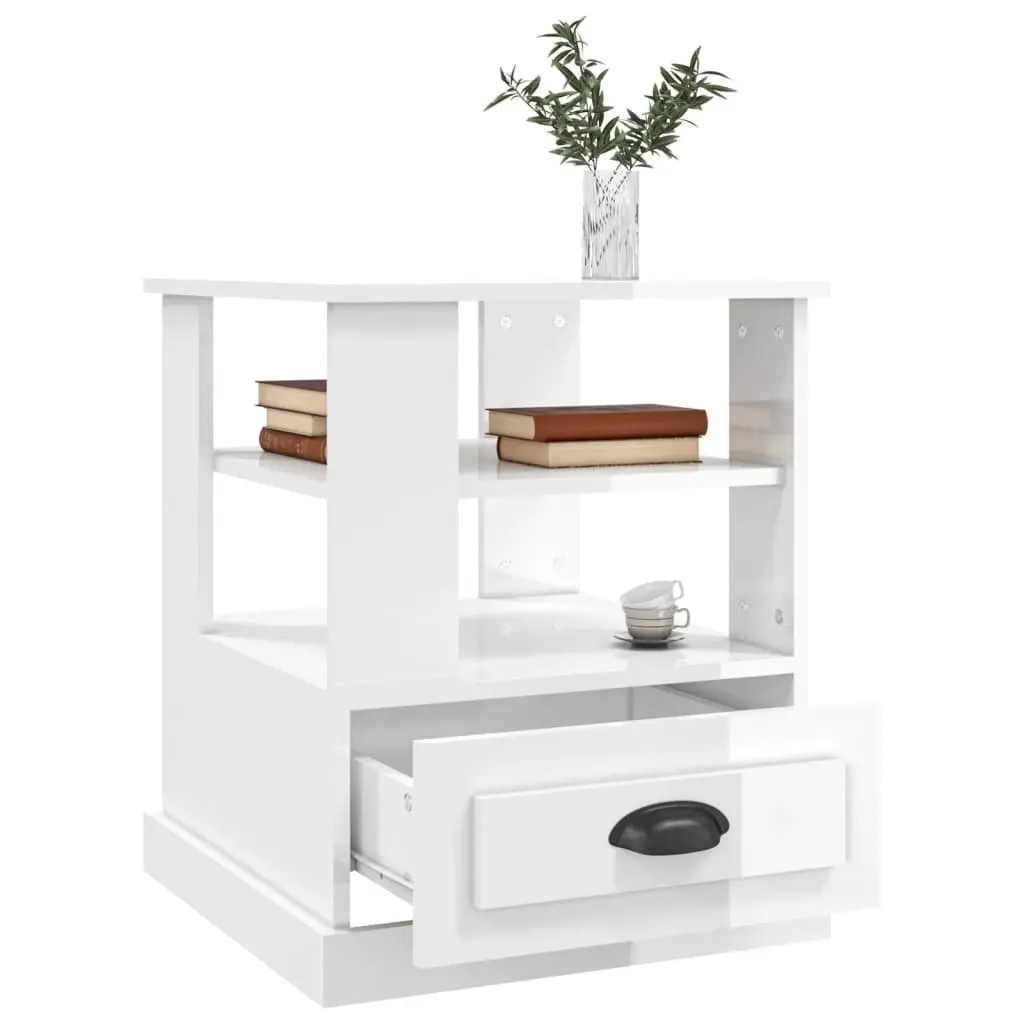 High Gloss White End Table with Storage for Living Room