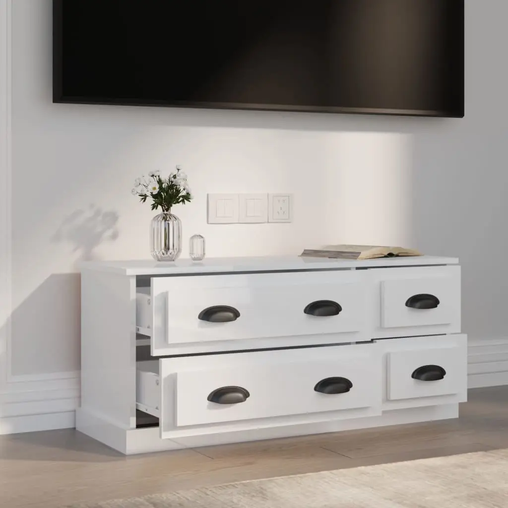 TV Cabinet Engineered Wood 100x35.5x45 cm White High Gloss 4 Drawers Storage