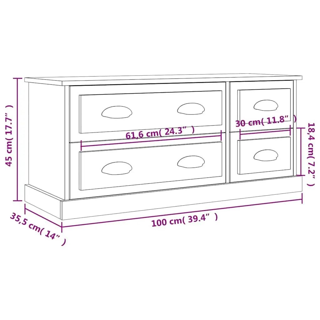TV Cabinet Engineered Wood 100 x 35.5 x 45 cm Grey 4 Drawers Storage Unit Media Stand Display