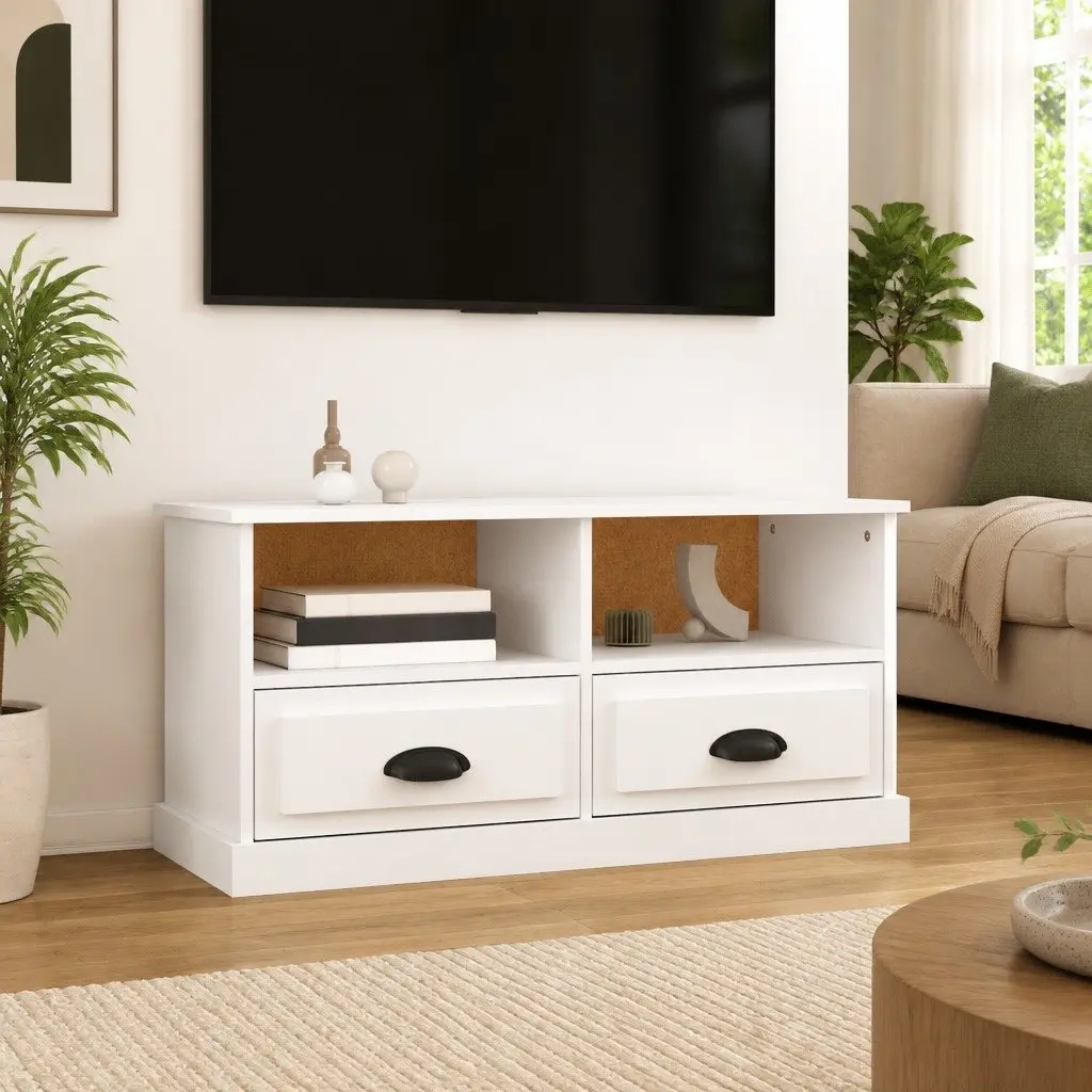 White TV Cabinet with Drawers and Compartments