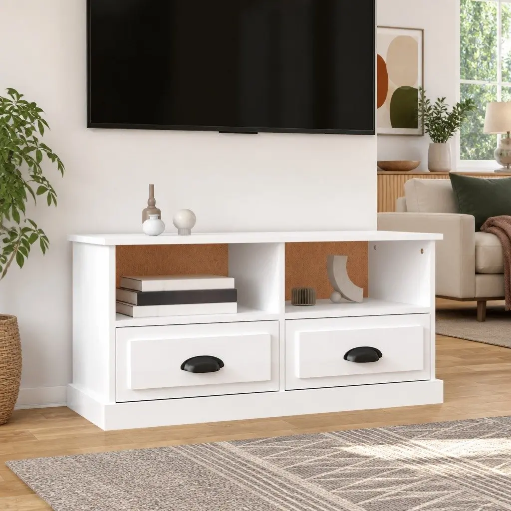 High Gloss White Engineered Wood TV Cabinet with Drawers