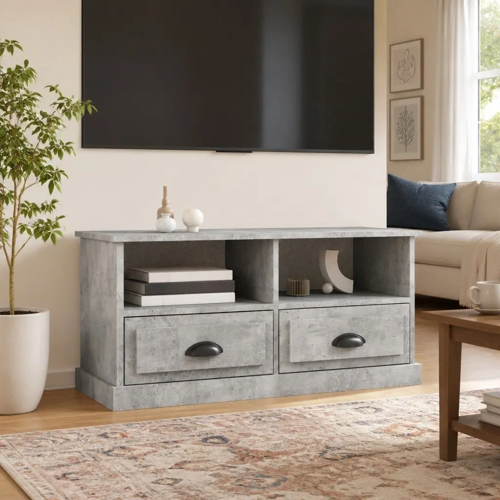 TV Cabinet Engineered Wood Grey 93 x 35.5 x 45 cm with Drawers Open Compartments