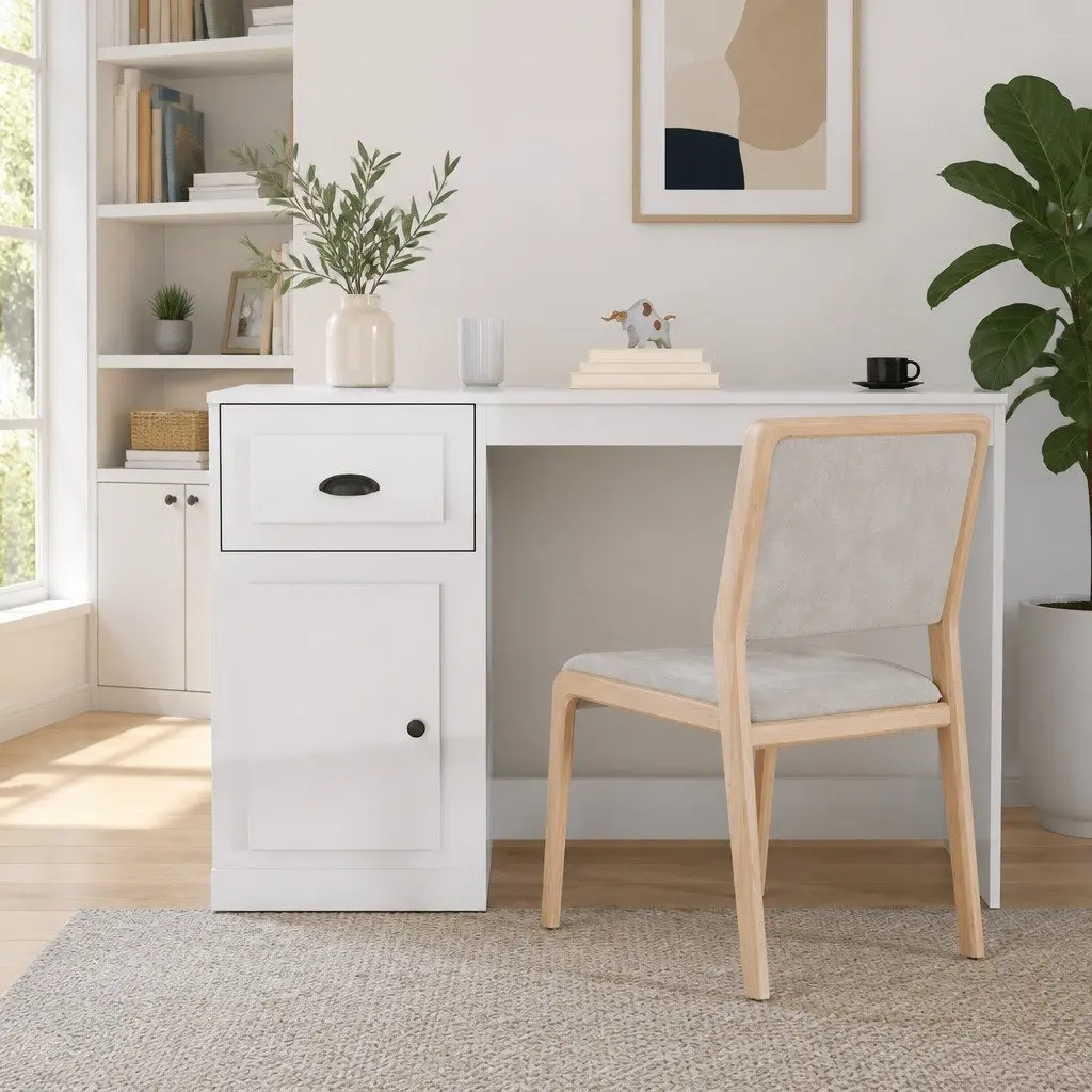 White High Gloss Desk with Storage Drawer