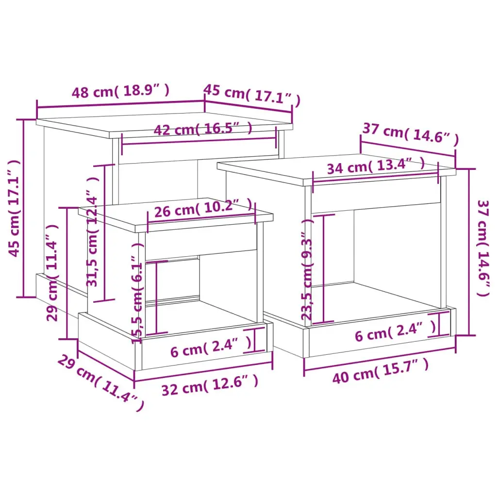 Coffee Table Set 3 Piece High Gloss White Engineered Wood Nesting Living Room