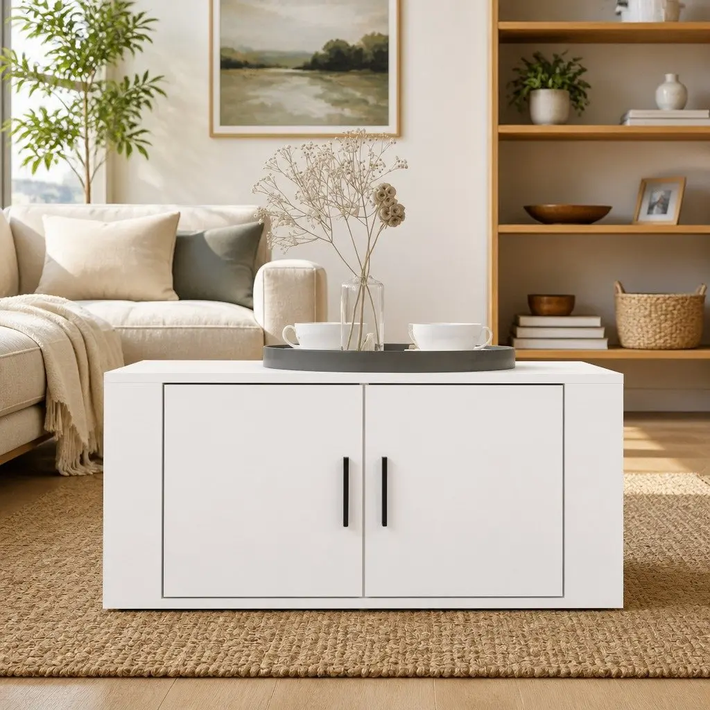 White Coffee Table 80x50x36cm with Storage