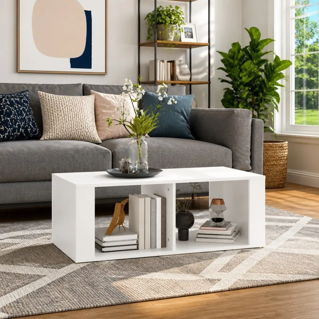 White Modern Coffee Table with Storage 100x50x36cm