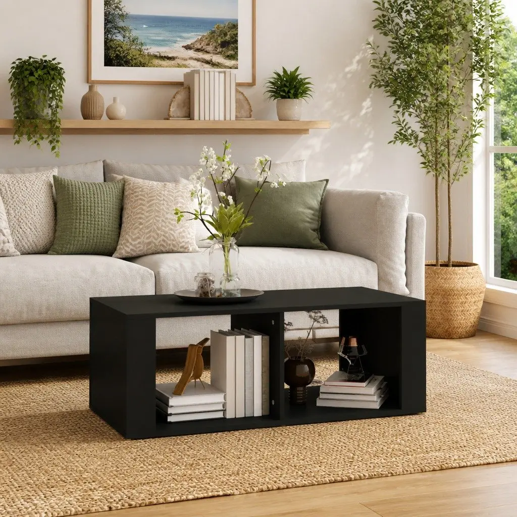 Black Modern Coffee Table with Storage and Two Shelves