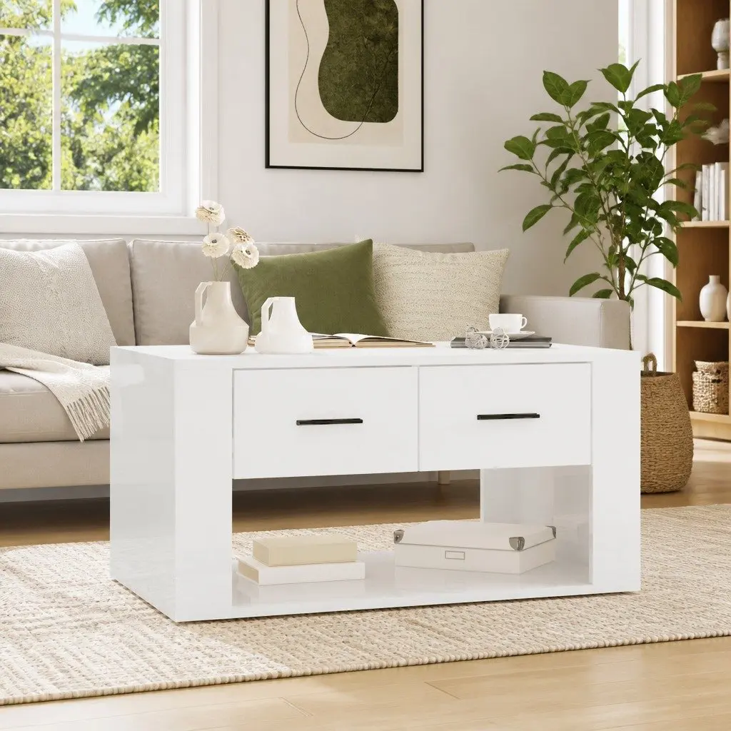 High Gloss White Coffee Table with 2 Drawers
