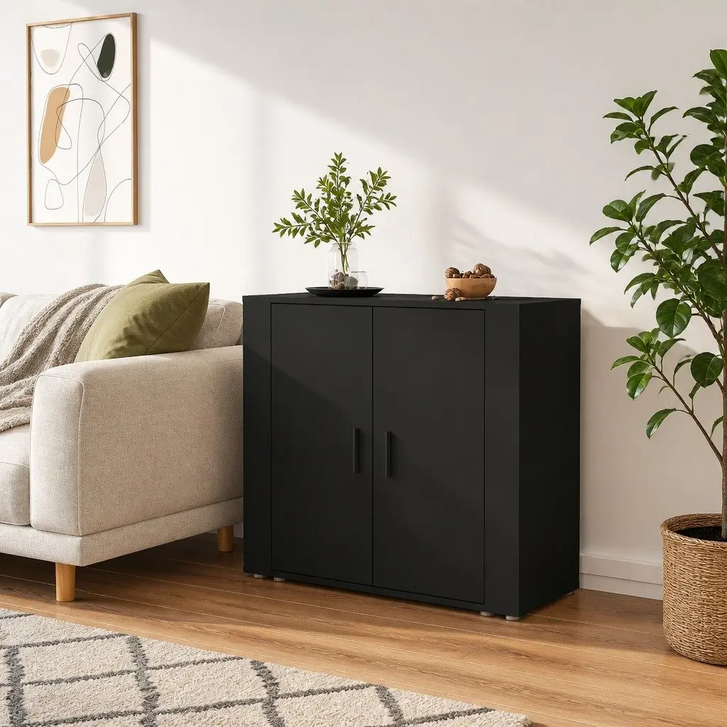 Black Sideboard 80x33x70 cm with Storage Doors