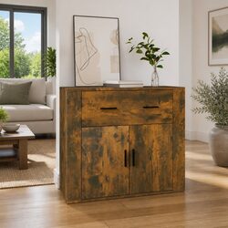 Brown Engineered Wood Storage Cabinet with Doors and Drawers