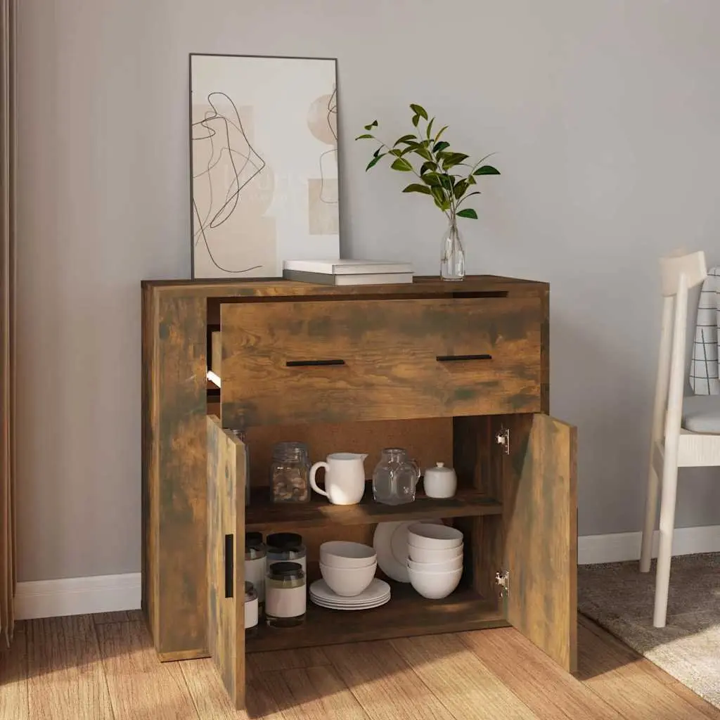 Brown Engineered Wood Storage Cabinet with Doors and Drawers