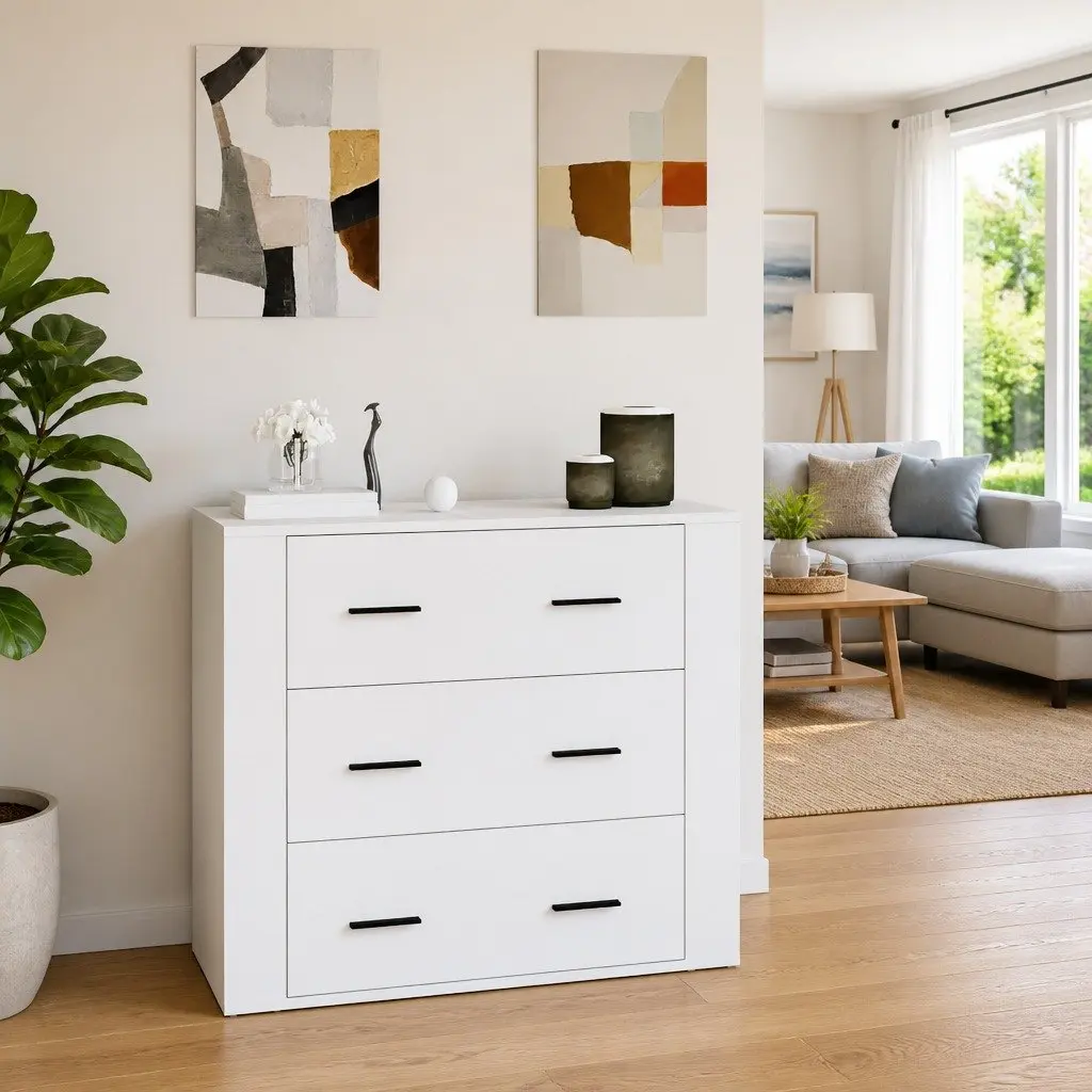 Engineered Wood White Sideboard Cabinet with 3 Drawers