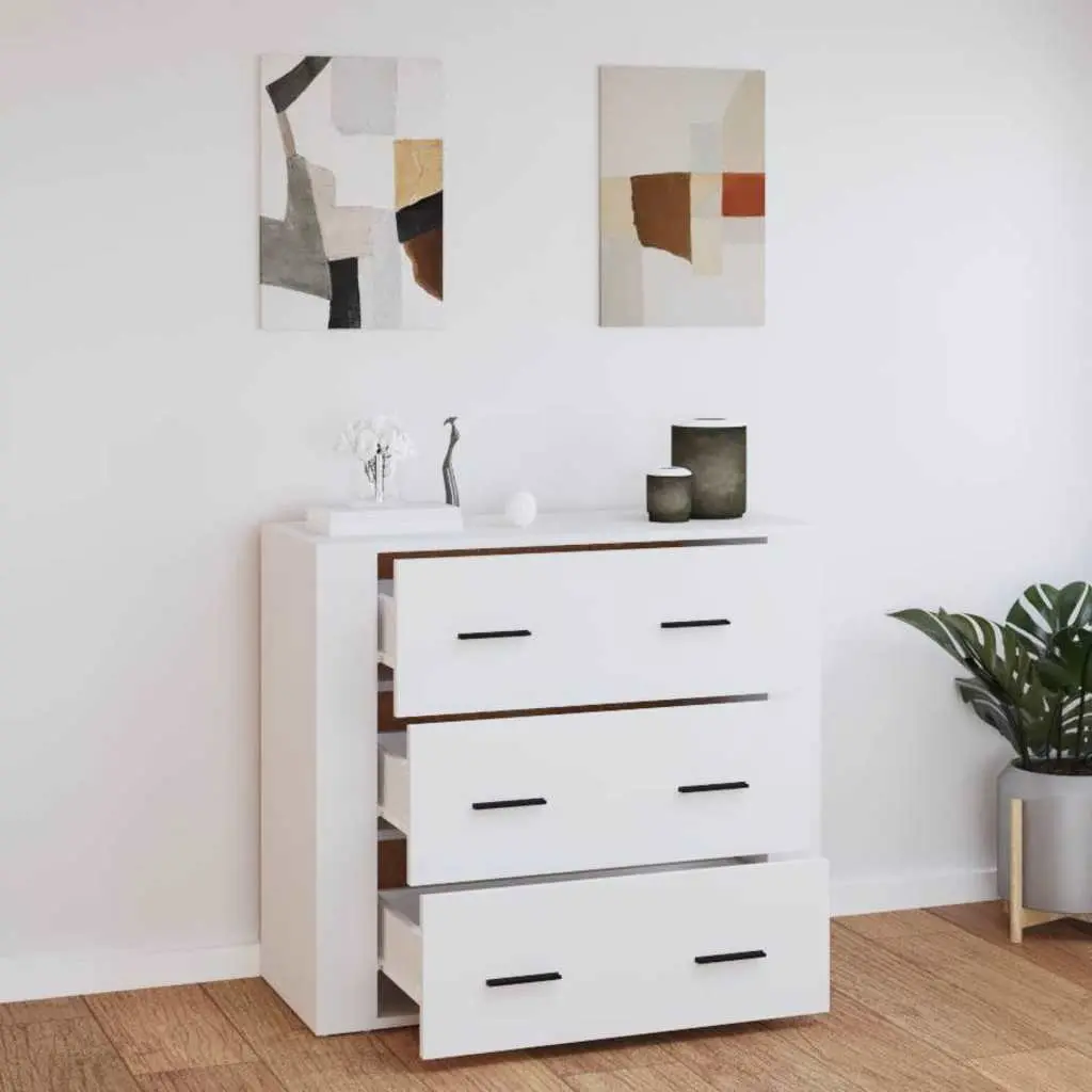 Engineered Wood White Sideboard Cabinet with 3 Drawers