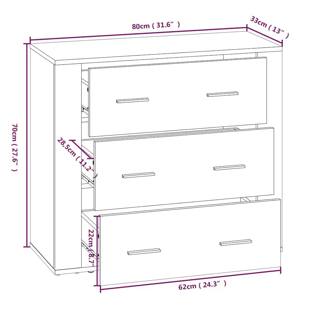 Engineered Wood White Sideboard Cabinet with 3 Drawers