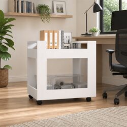 White Desk Trolley with Open Shelves and Rolling Casters