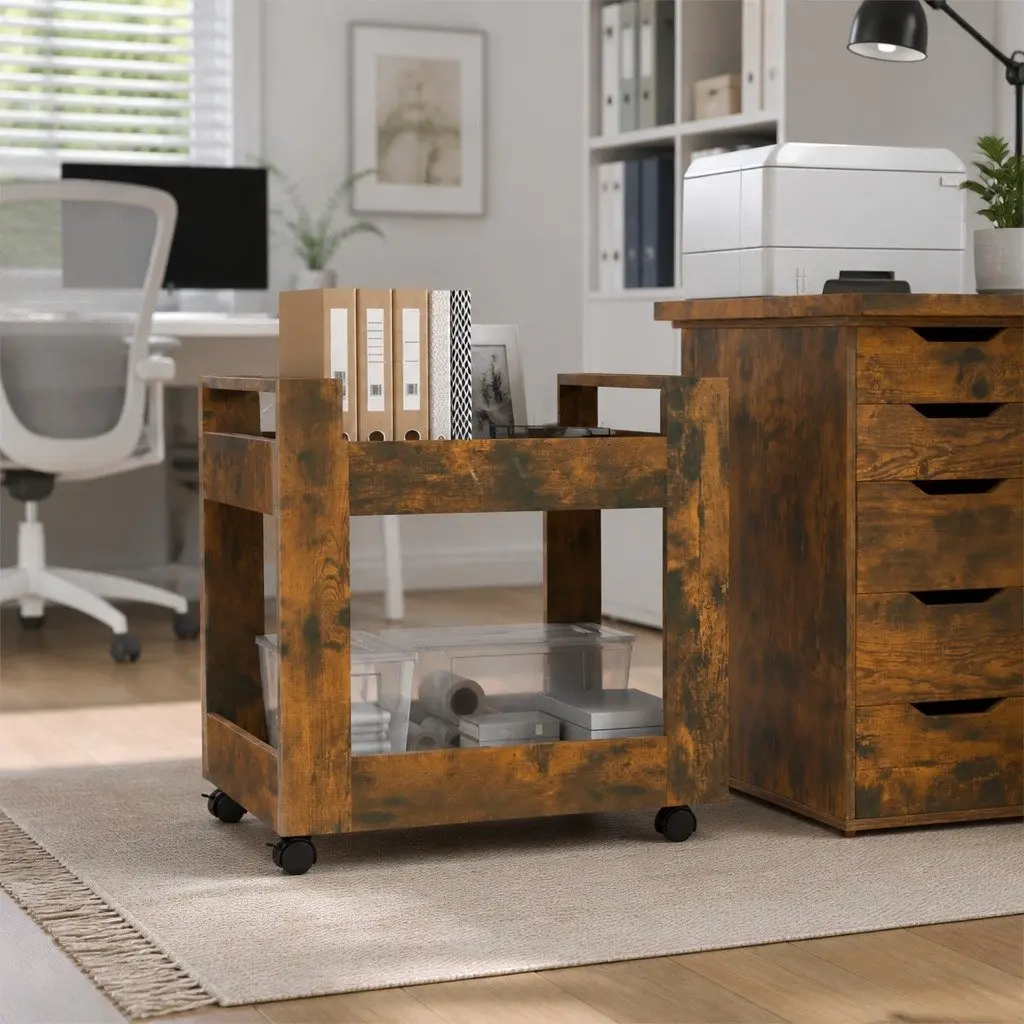Desk Trolley Engineered Wood 60x45x60 cm Brown Smoked Oak Open Shelves Mobile Casters