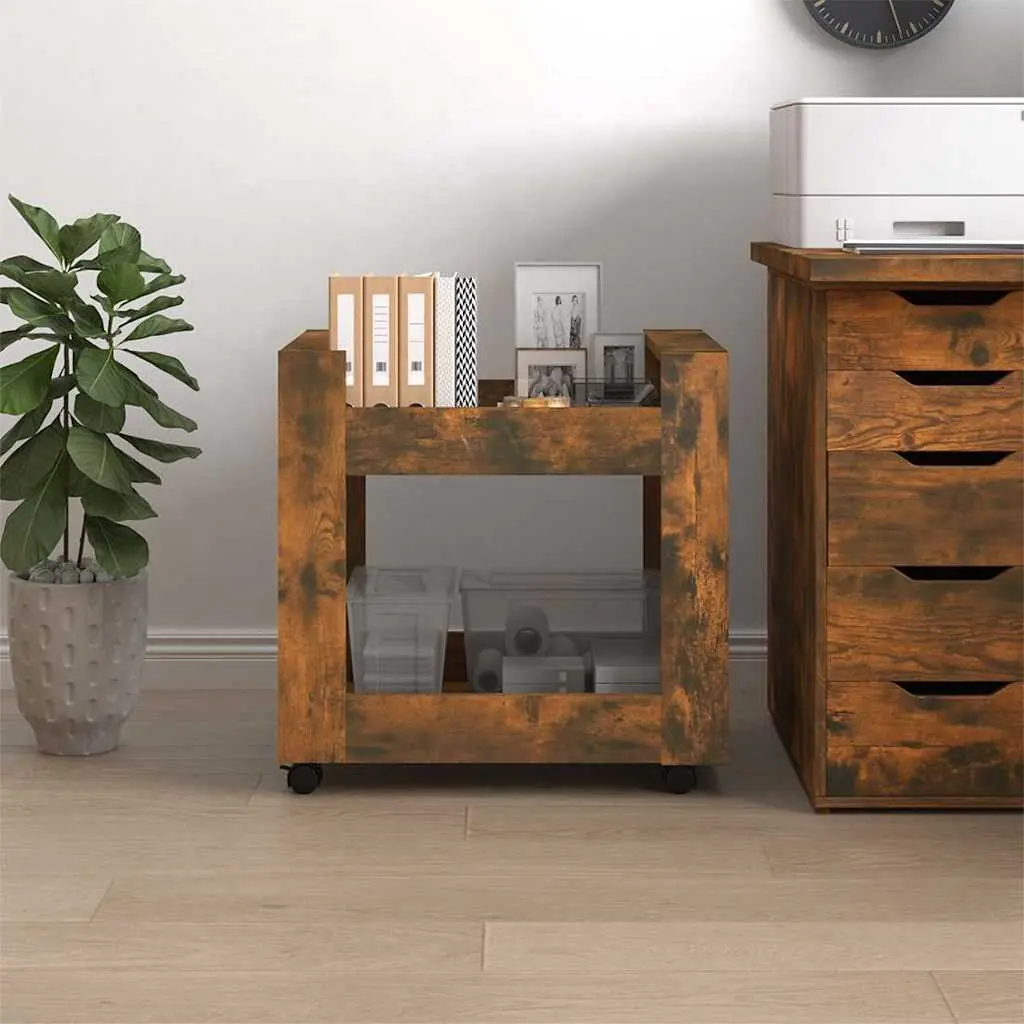 Desk Trolley Engineered Wood 60x45x60 cm Brown Smoked Oak Open Shelves Mobile Casters