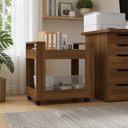 Brown Oak Desk Trolley with Storage Shelves and Castors