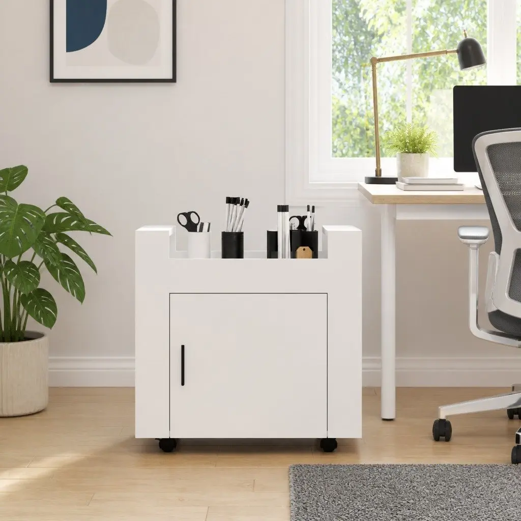 Storage Trolley Engineered Wood 60W x 45D x 60H cm White Mobile Office Organiser