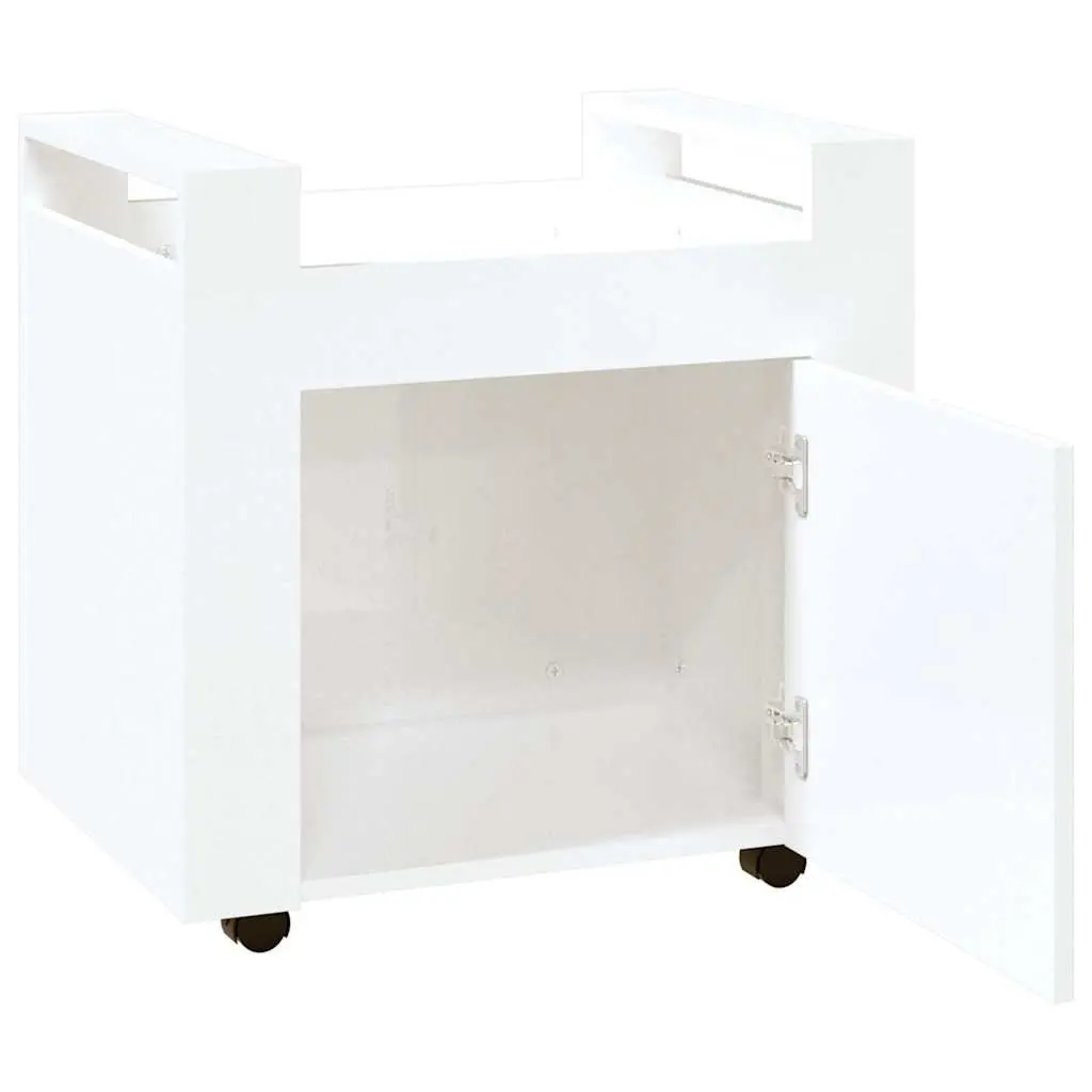 Desk Trolley Engineered Wood 60x45x60cm White Gloss Mobile Storage Cart With Door and Casters