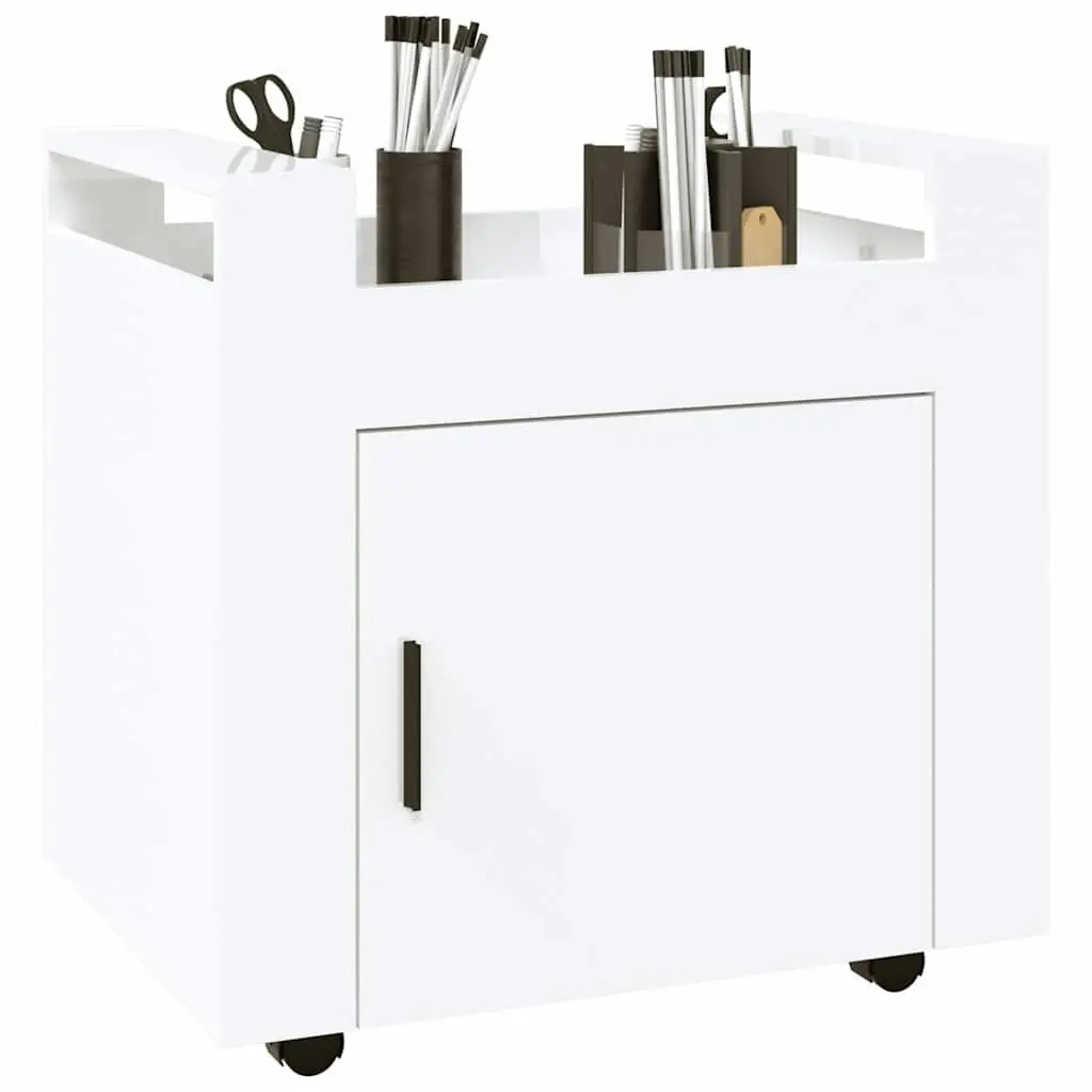 Desk Trolley Engineered Wood 60x45x60cm White Gloss Mobile Storage Cart With Door and Casters