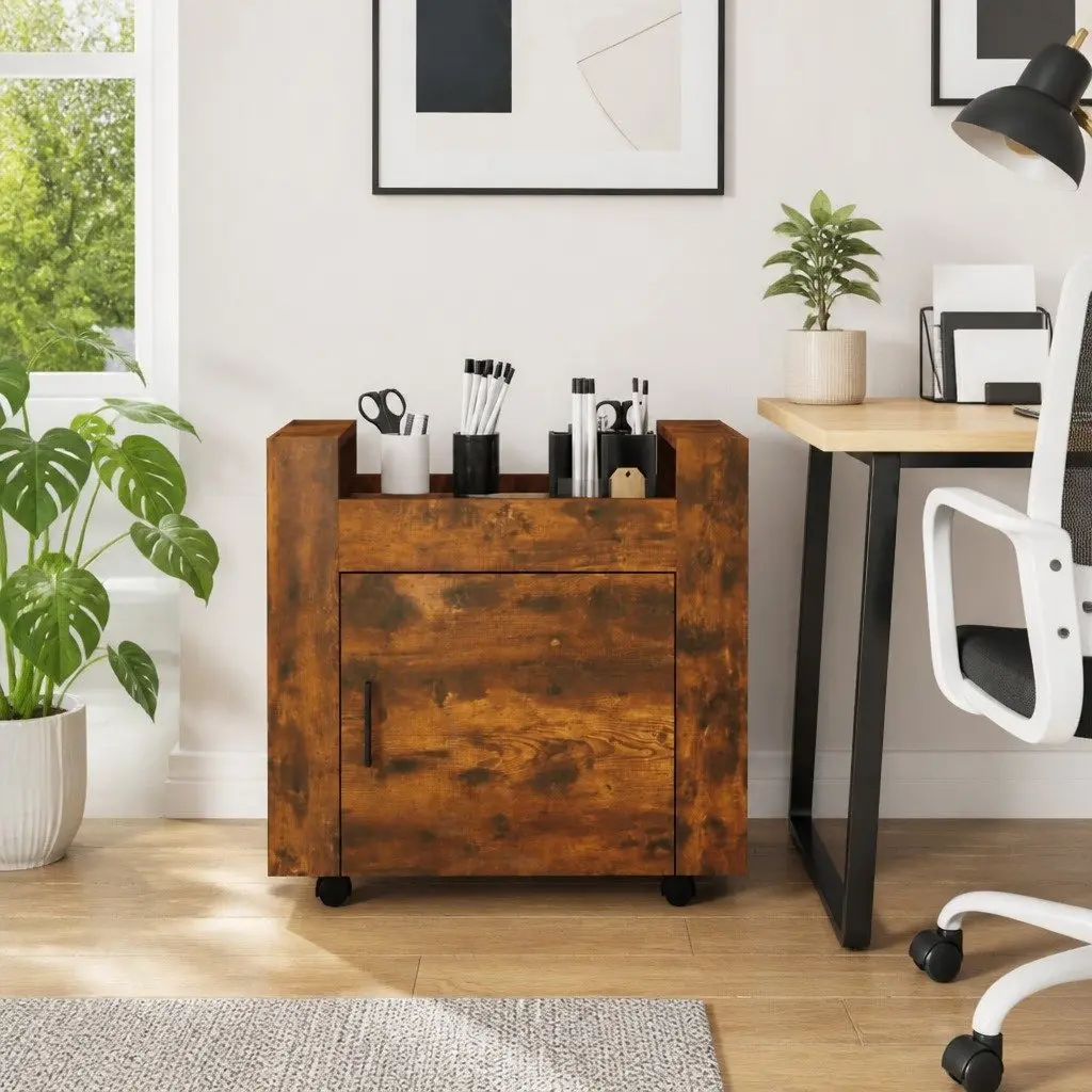 Brown Engineered Wood Desk Trolley with Door