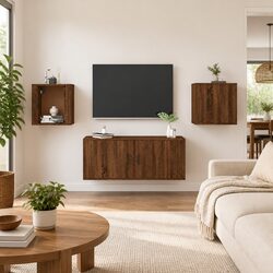 Brown Oak Wall Mounted TV Cabinets - Set of 2