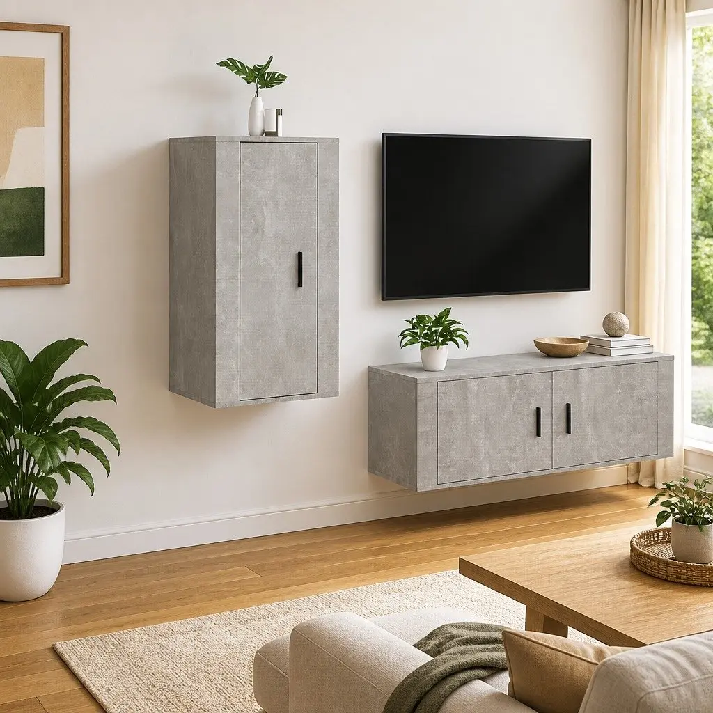 Grey Wall Mounted TV Cabinet with 3 Compartments