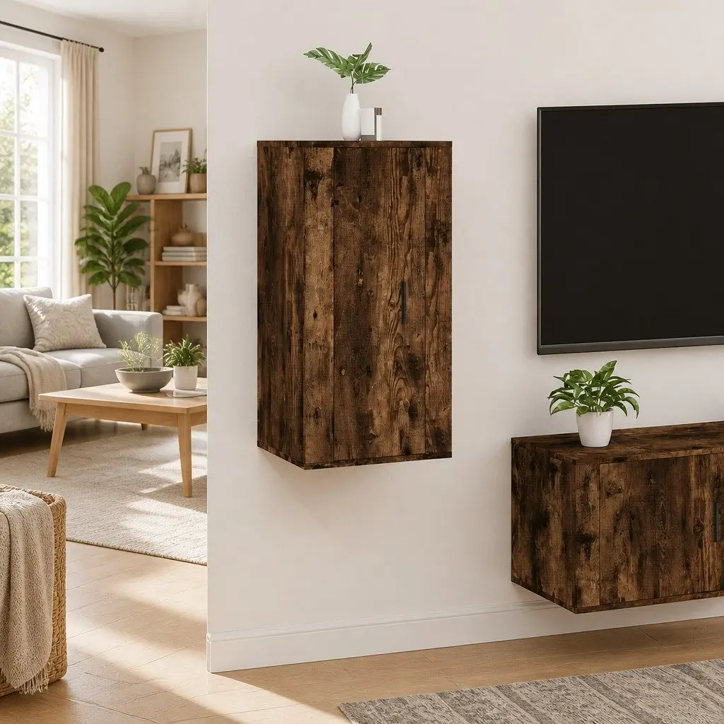 Wall Mounted TV Cabinet with Compartments in Brown