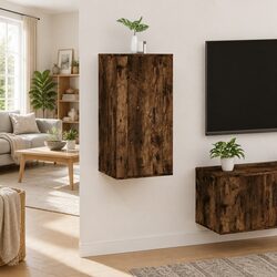 Durable Wall Mounted TV Cabinet with Compartments in Brown