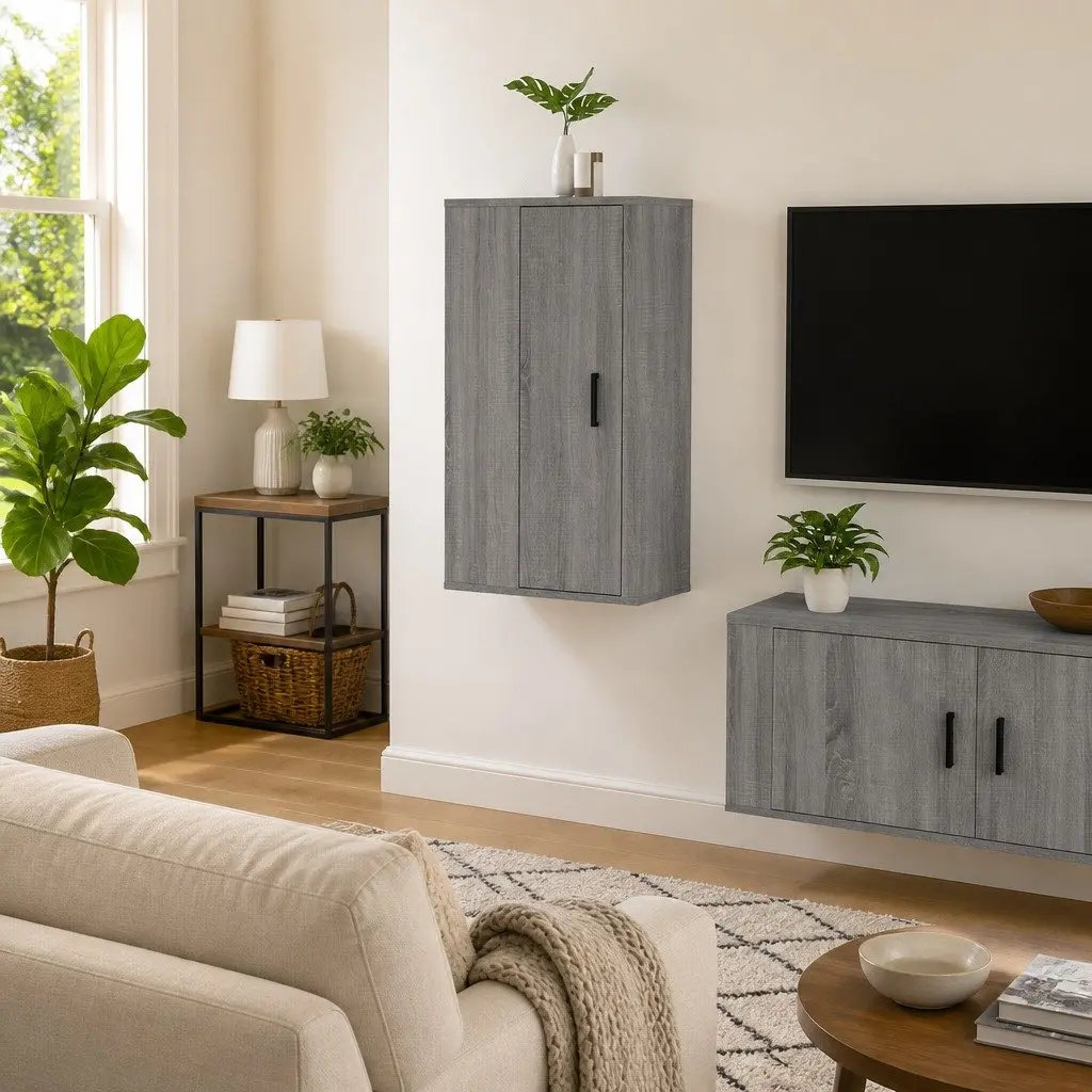 Grey Wall Mounted TV Cabinet with 3 Storage Compartments
