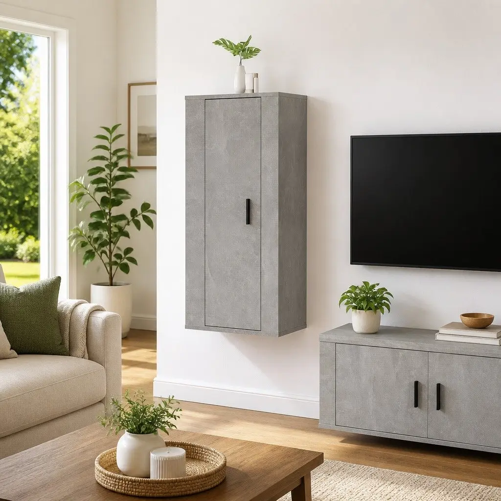 Wall Mounted TV Cabinet Engineered Wood 40x34.5x100cm Concrete Grey Media Storage Unit 3 Compartment