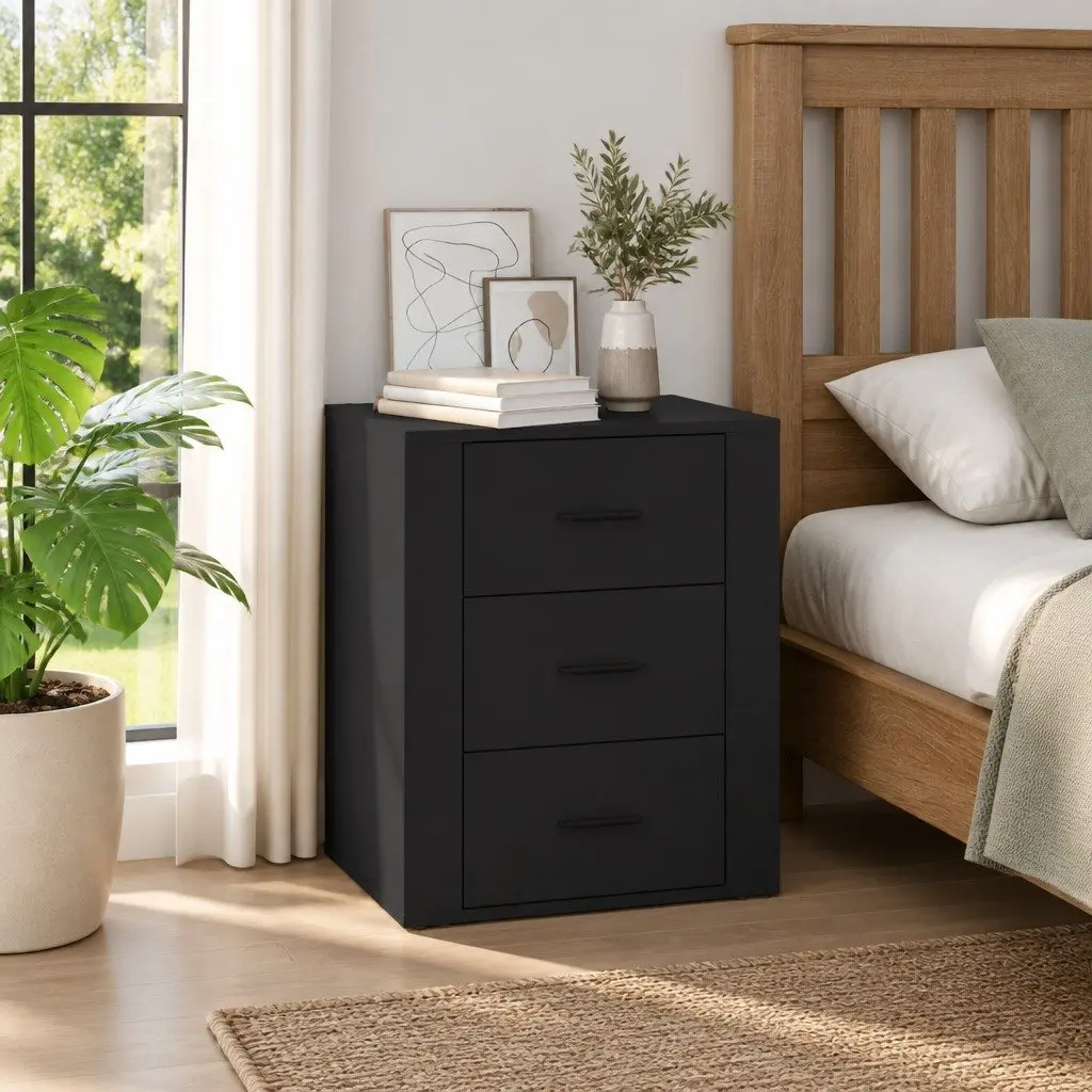 Bedside Cabinet Engineered Wood 50x36x60 cm Black Nightstand 3 Drawer Storage