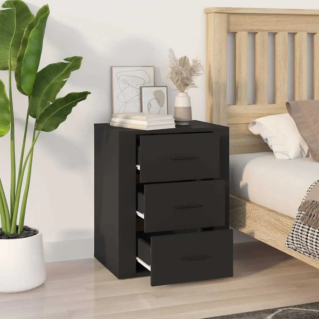 Bedside Cabinet Engineered Wood 50x36x60 cm Black Nightstand 3 Drawer Storage