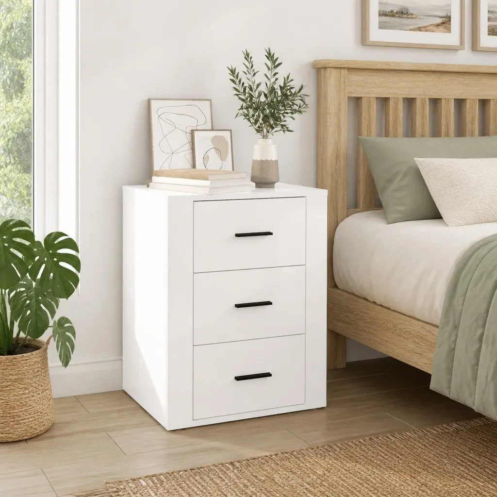 High Gloss White 3 Drawer Bedside Cabinet 50x36x60cm