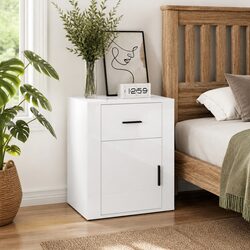 Bedside Cabinet High Gloss White Nightstand Storage 1 Drawer 1 Door Compartment