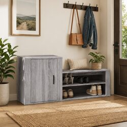 Shoe Cabinet Grey Engineered Wood 2 Compartments Storage Organiser Hall Wardrobe