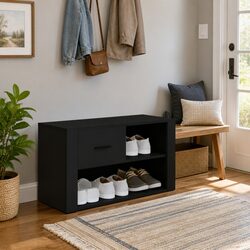 Black Engineered Wood Shoe Cabinet with 2 Compartments