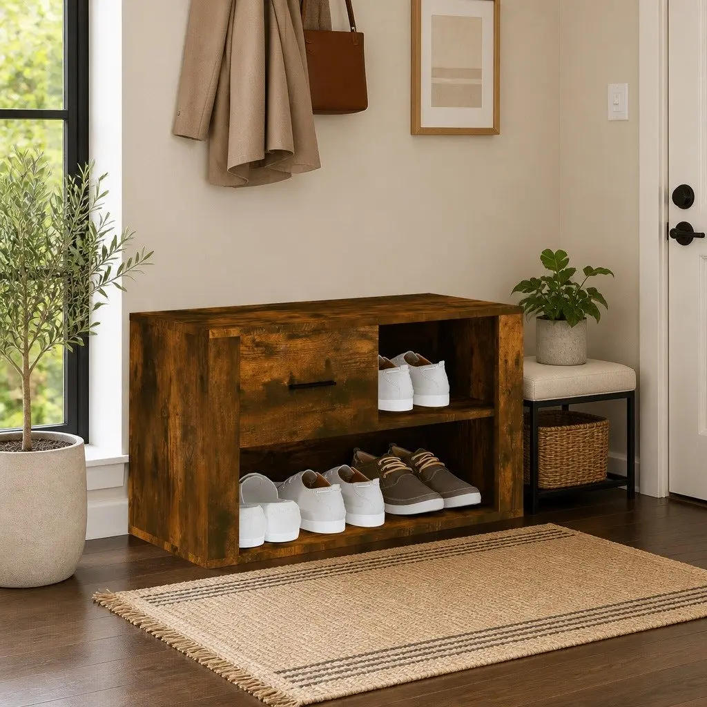 Brown Engineered Wood Shoe Cabinet with Compartments