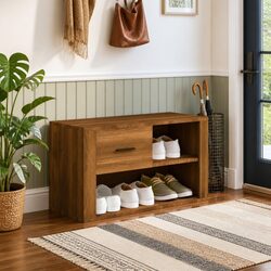 Brown Oak Shoe Cabinet with Drawer and 2 Compartments